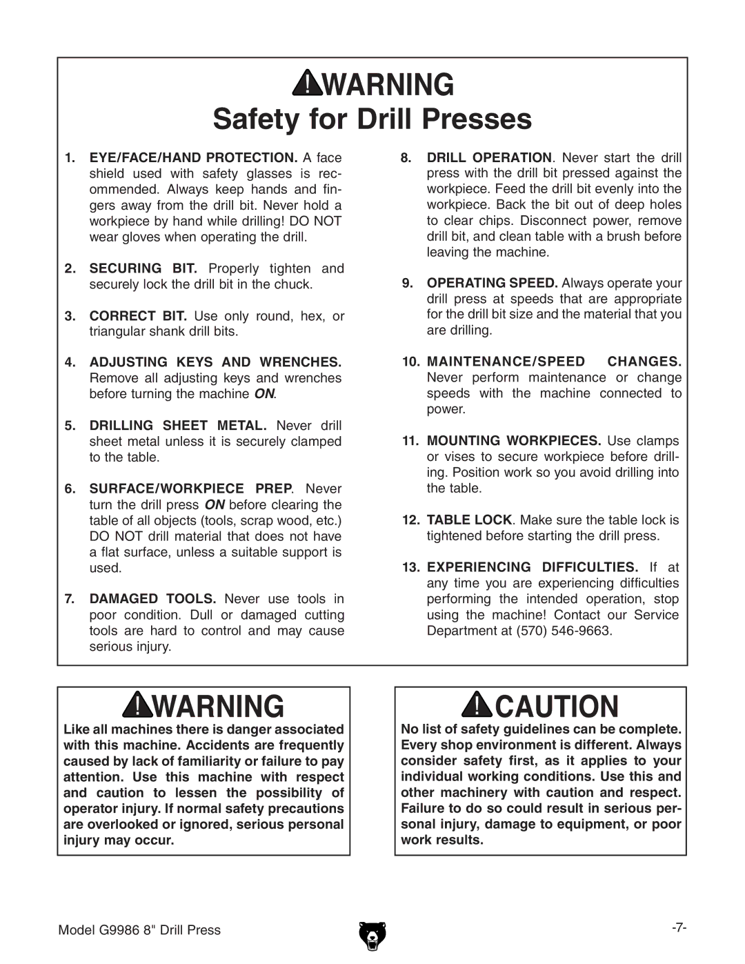 Grizzly G9986 instruction manual Safety for Drill Presses 