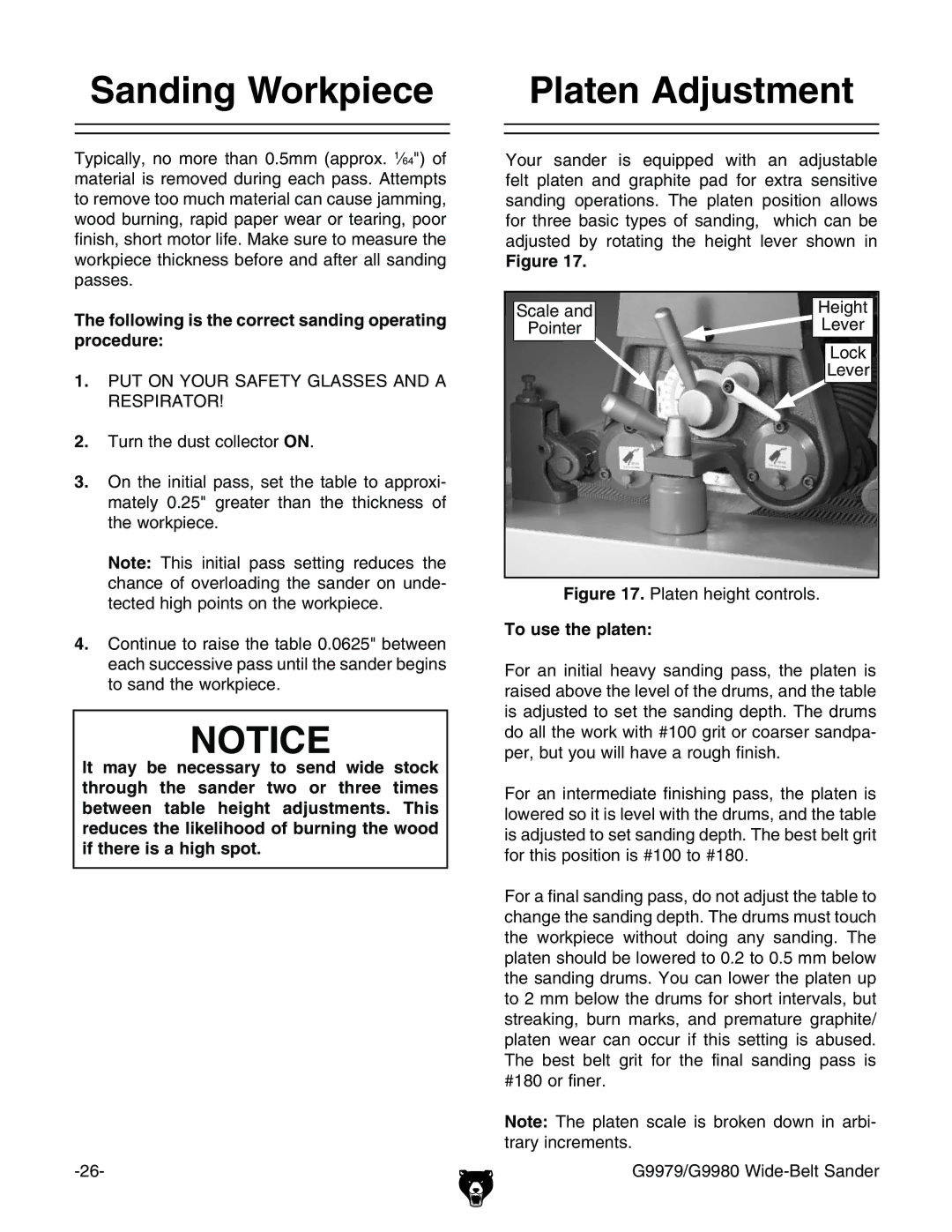 Grizzly GBC-H20L manual 3ANDING 7ORKPIECE, 0LATEN !DJUSTMENT, HXVaZVcY =Z\i EdciZg AZkZg, 4O USESTHEHPLATEN 