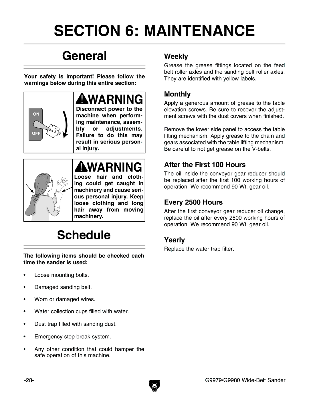 Grizzly GBC-H20L manual #4/. -!.4%.!.#%, Eneral, 3CHEDULE, Ooseo Hair and Cloth ING could GET Caught 