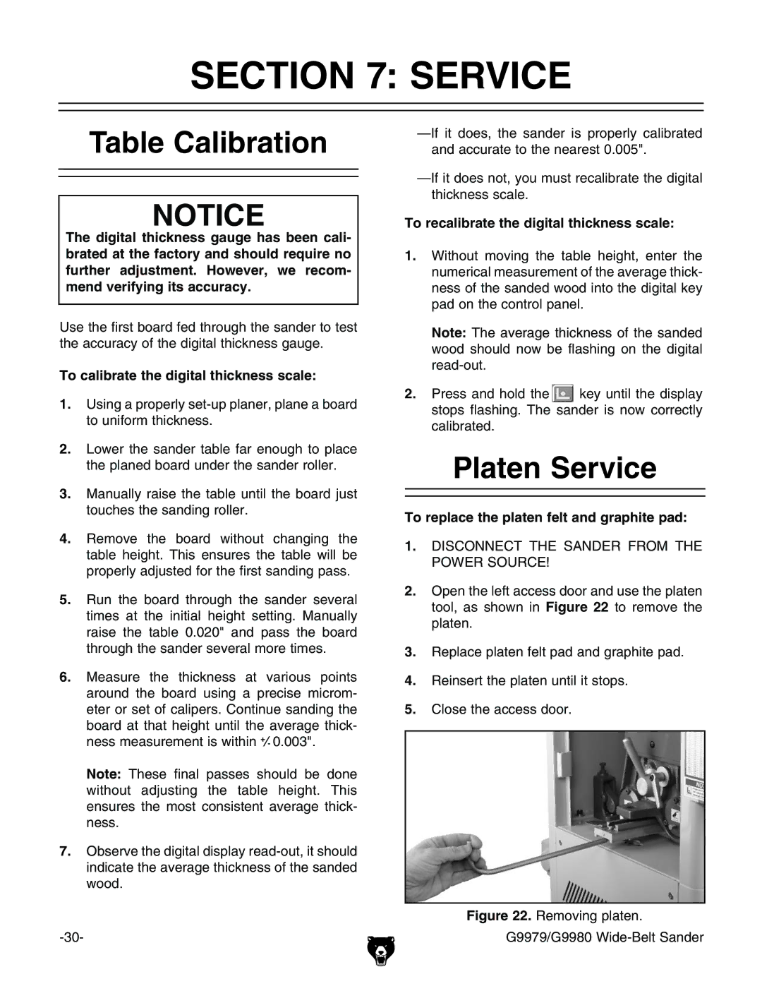 Grizzly GBC-H20L manual #4/.  3%26#%, 4ABLE #ALIBRATION, 0LATEN 3ERVICE 