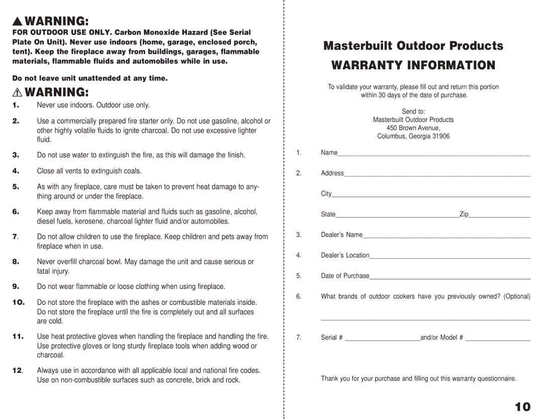 Grizzly GMFP28S, GMFP20S operating instructions Masterbuilt Outdoor Products, Warranty Information 