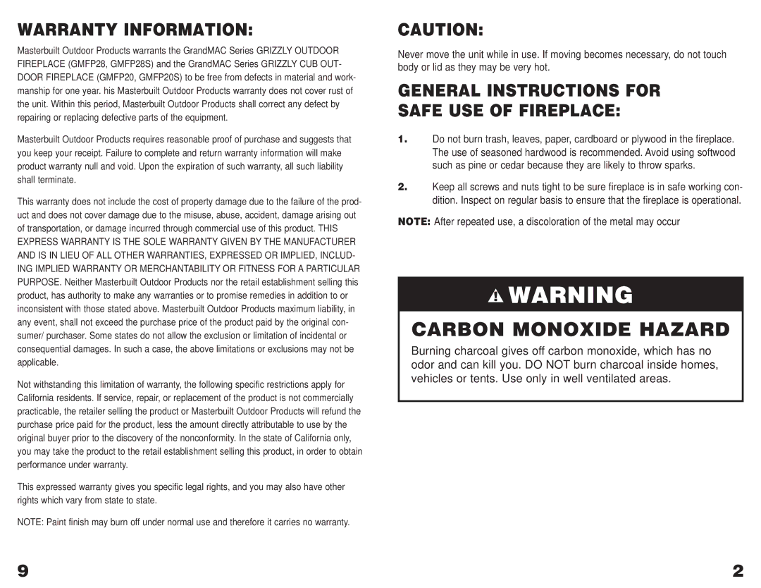 Grizzly GMFP20S, GMFP28S operating instructions Carbon Monoxide Hazard, General Instructions for Safe USE of Fireplace 