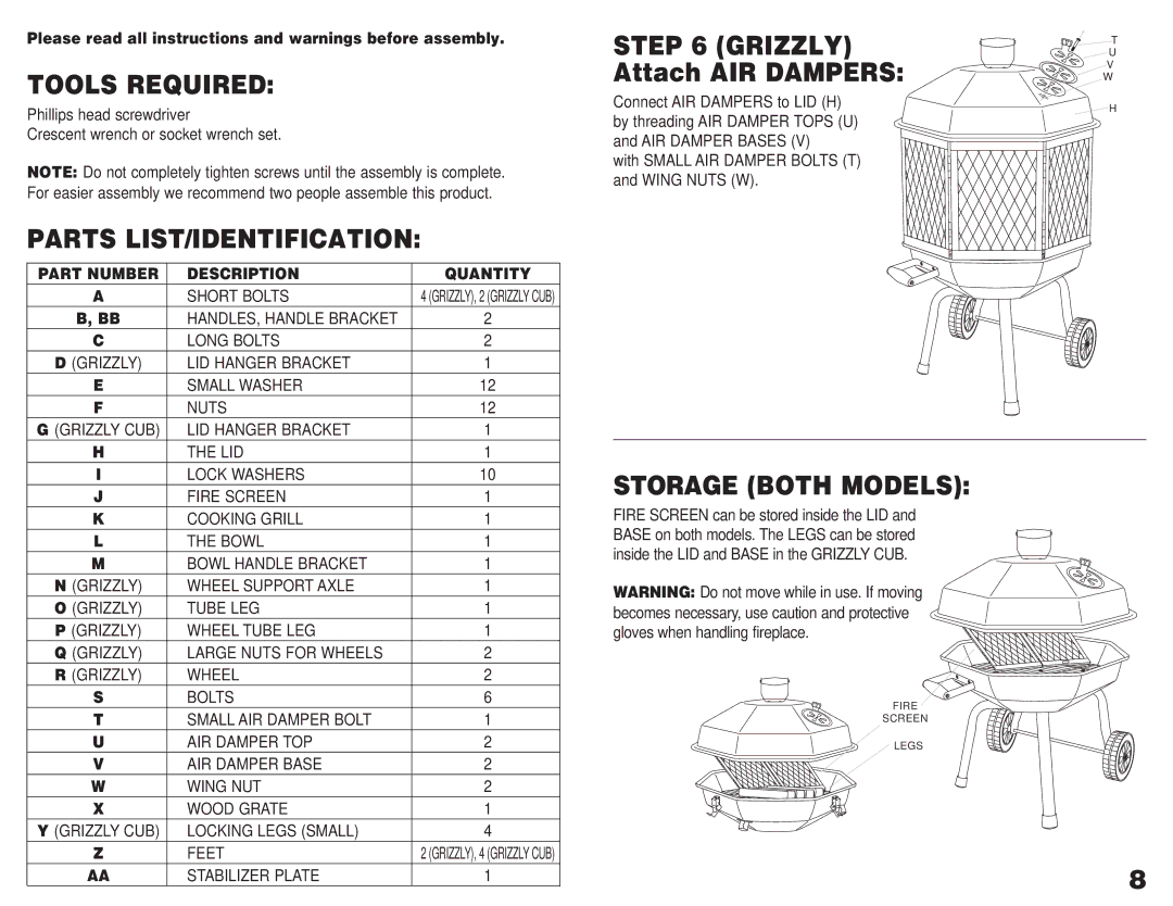 Grizzly GMFP28S, GMFP20S Tools Required, Parts LIST/IDENTIFICATION Grizzly, Attach AIR Dampers, Storage Both Models 