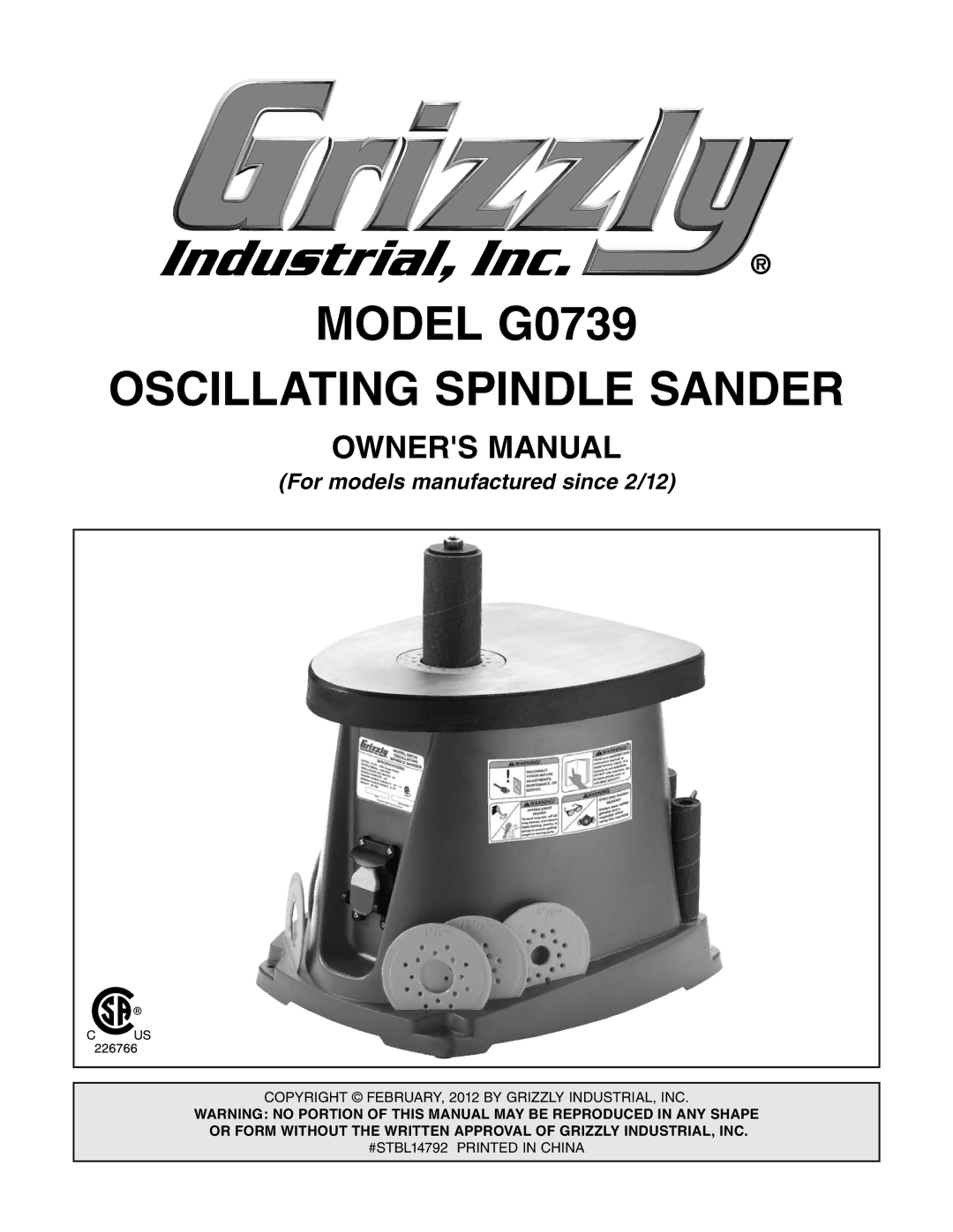 Grizzly GO739 owner manual Model G0739 Oscillating Spindle Sander, For models manufactured since 2/12 