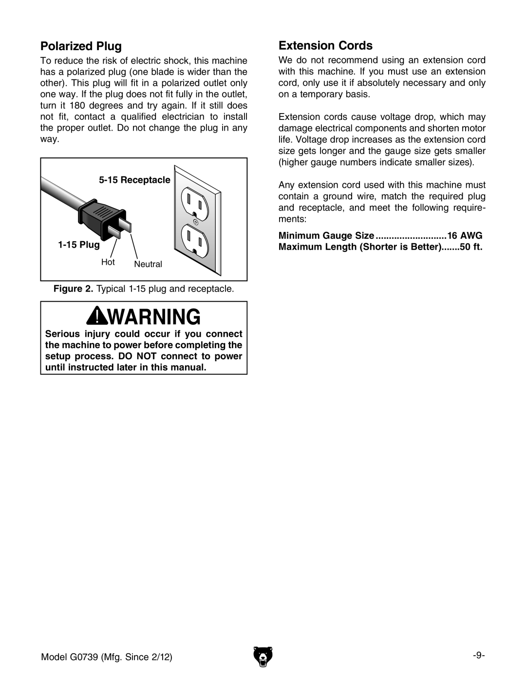 Grizzly GO739 owner manual Polarized Plug, Extension Cords, Receptacle Plug, Minimum Gauge Size 16 AWG, 50 ft 