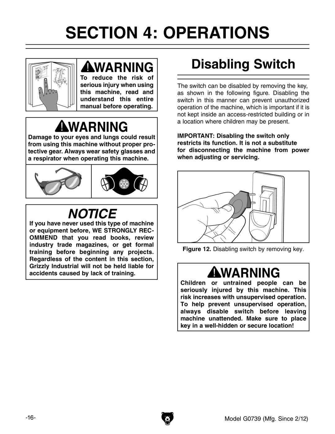 Grizzly GO739 owner manual Operations, Disabling Switch 