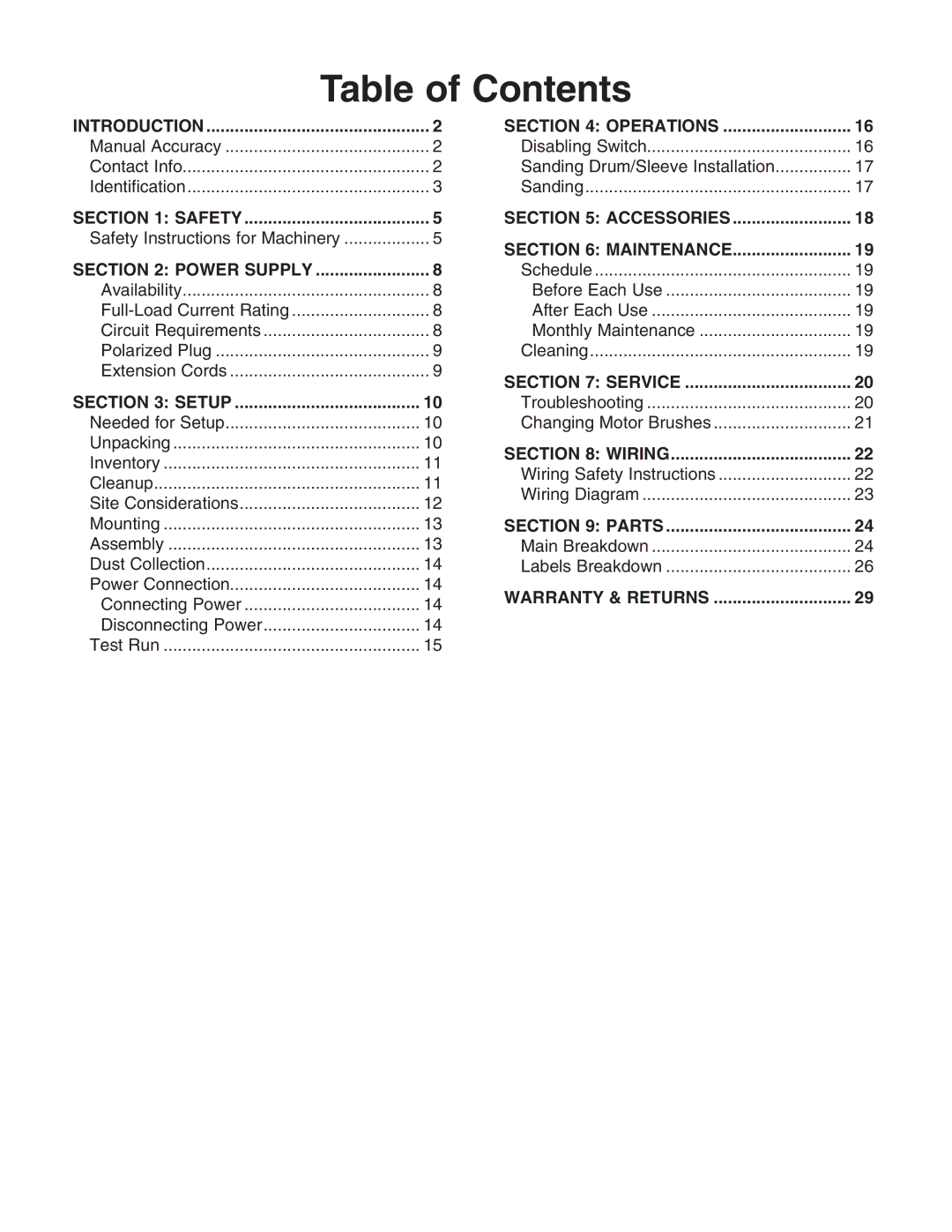 Grizzly GO739 owner manual Table of Contents 