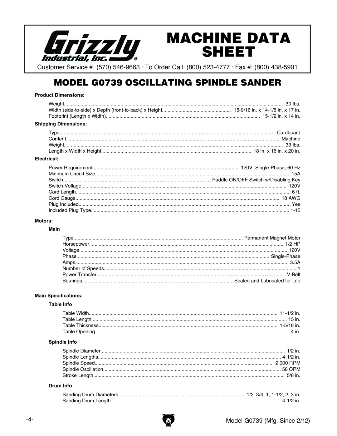 Grizzly GO739 owner manual Machine Data Sheet 