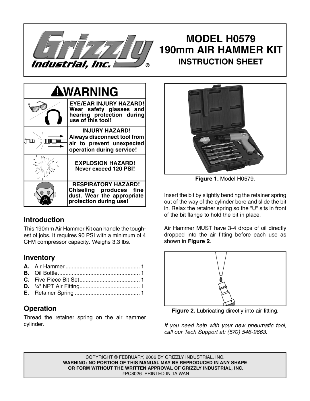 Grizzly instruction sheet Model H0579, 190mm AIR Hammer KIT, Instruction Sheet 