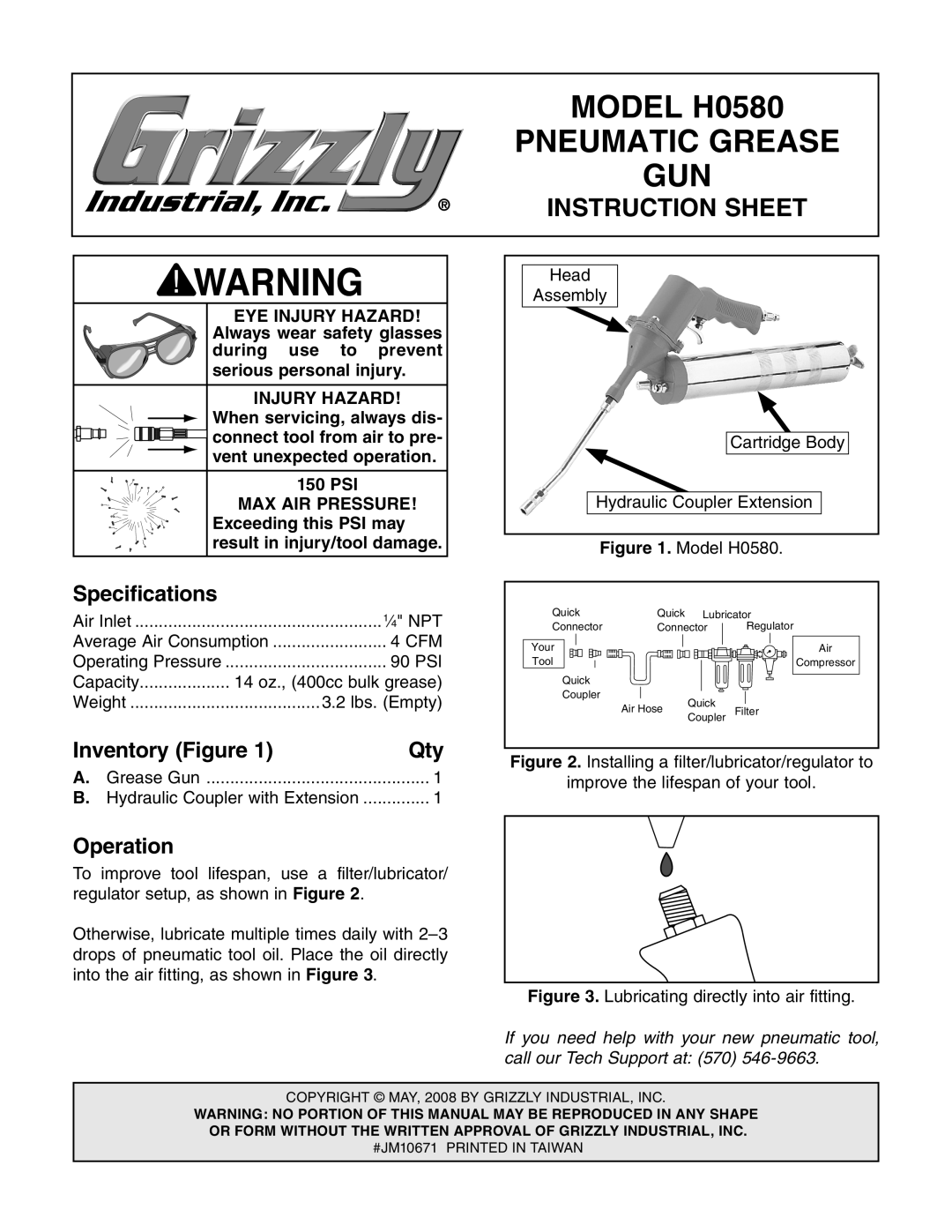 Grizzly H0580 specifications Specifications, Inventory Figure Qty, Operation 