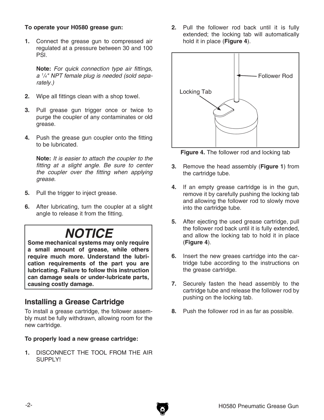 Grizzly Installing a Grease Cartridge, To operate your H0580 grease gun, To properly load a new grease cartridge 