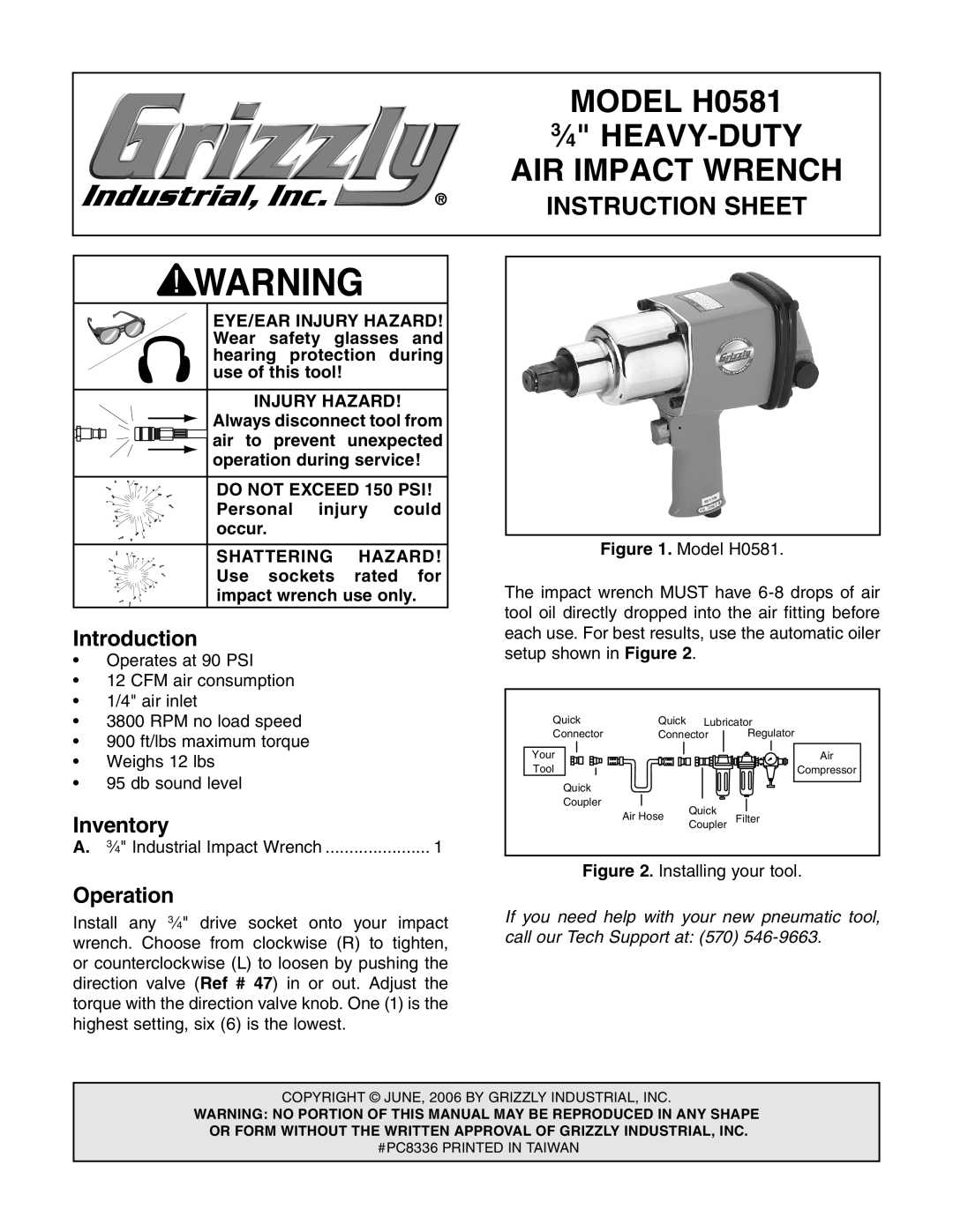 Grizzly instruction sheet Model H0581, ⁄4 HEAVY-DUTY, AIR Impact Wrench, Instruction Sheet 