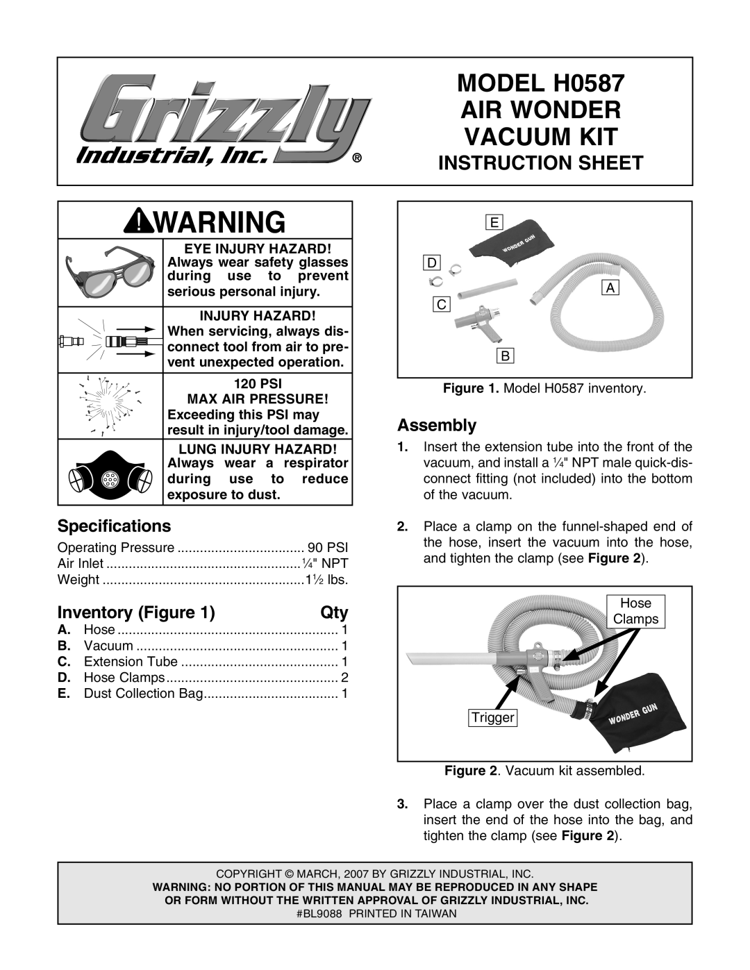 Grizzly specifications Specifications, Inventory Figure, MODEL H0587, Air Wonder, Vacuum Kit, Instruction Sheet 