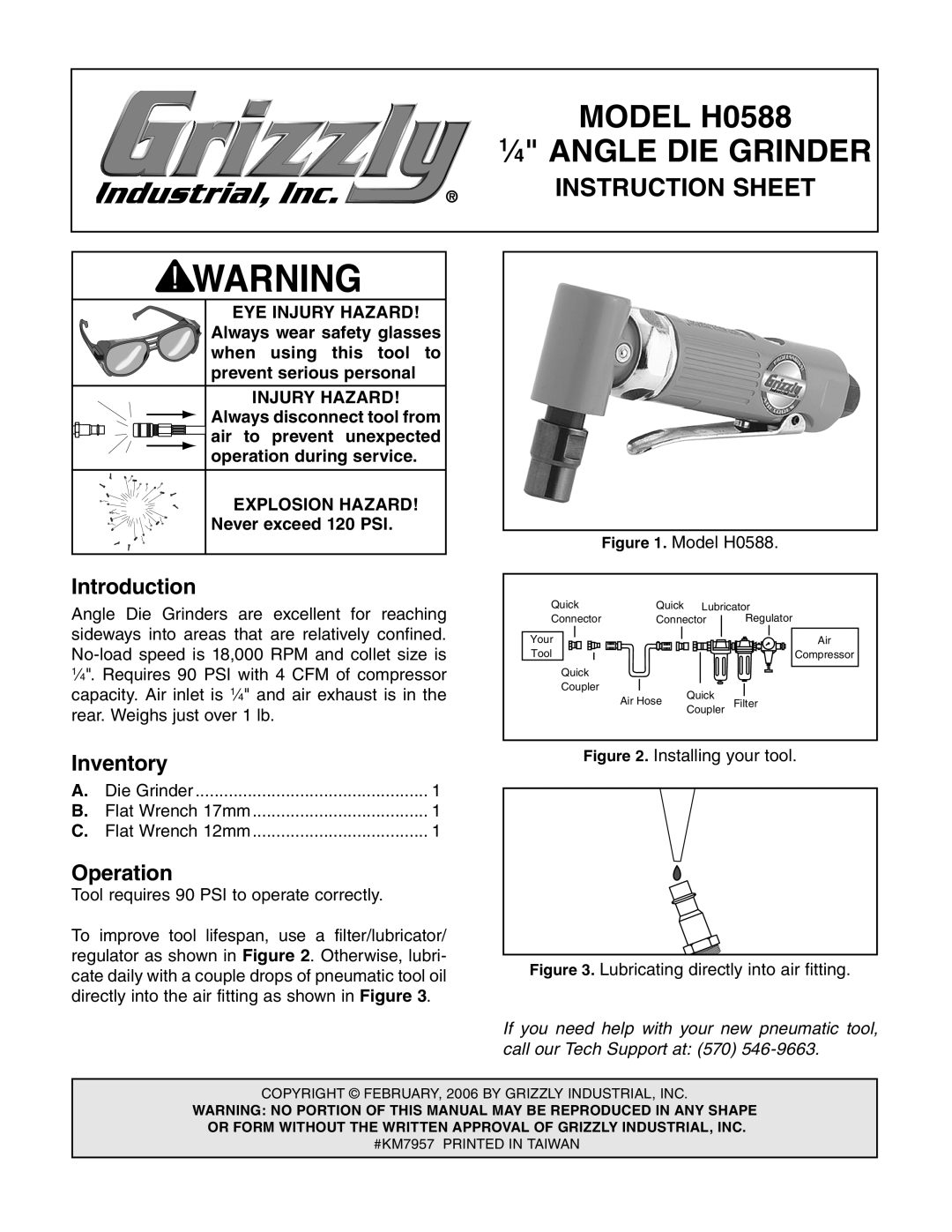 Grizzly instruction sheet MODEL H0588, 1⁄4 ANGLE DIE GRINDER, Instruction Sheet, Introduction, Inventory, Operation 