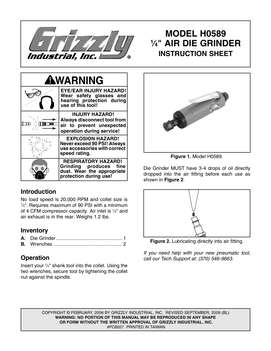 Grizzly instruction sheet Model H0589, ⁄4 AIR DIE Grinder, Instruction Sheet 