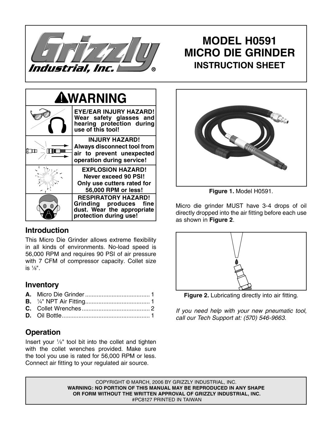 Grizzly instruction sheet Model H0591, Micro DIE Grinder, Instruction Sheet 