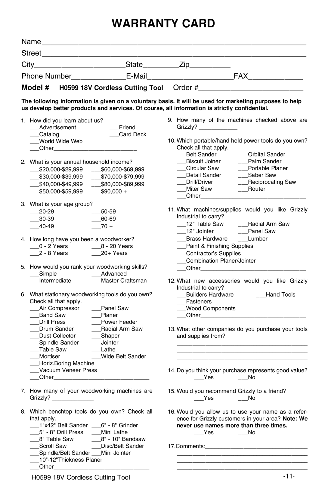 Grizzly H0599 instruction manual Warranty Card 