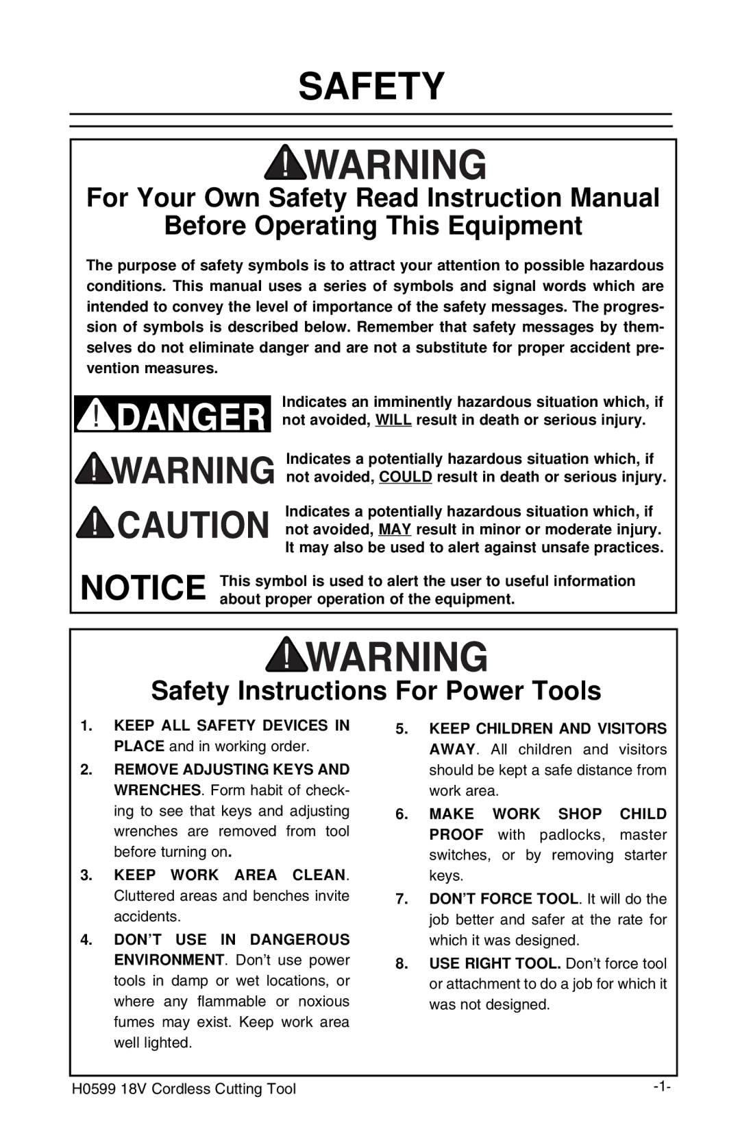 Grizzly H0599 instruction manual Safety, Before Operating This Equipment 