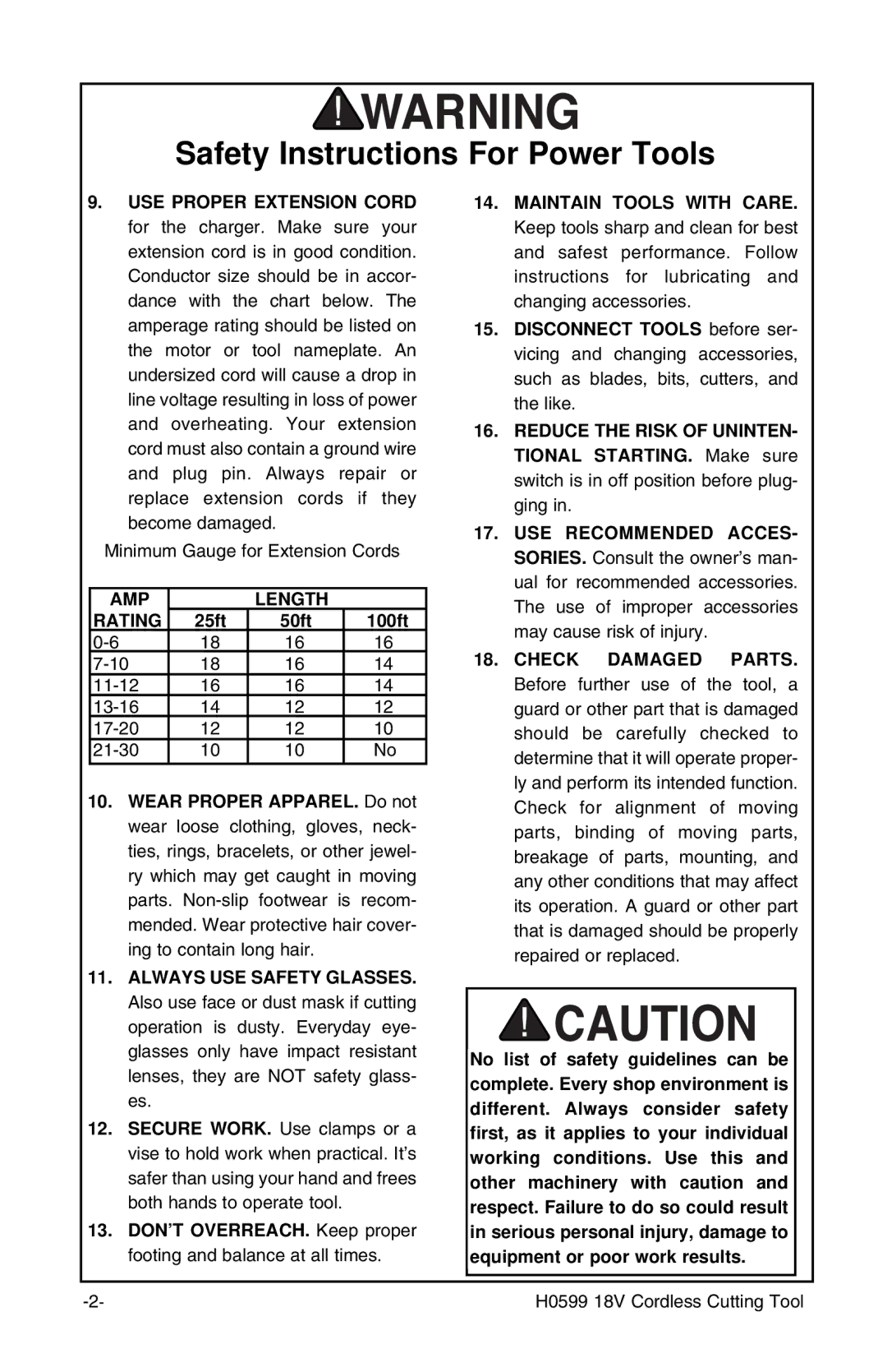 Grizzly H0599 instruction manual AMP Length Rating 