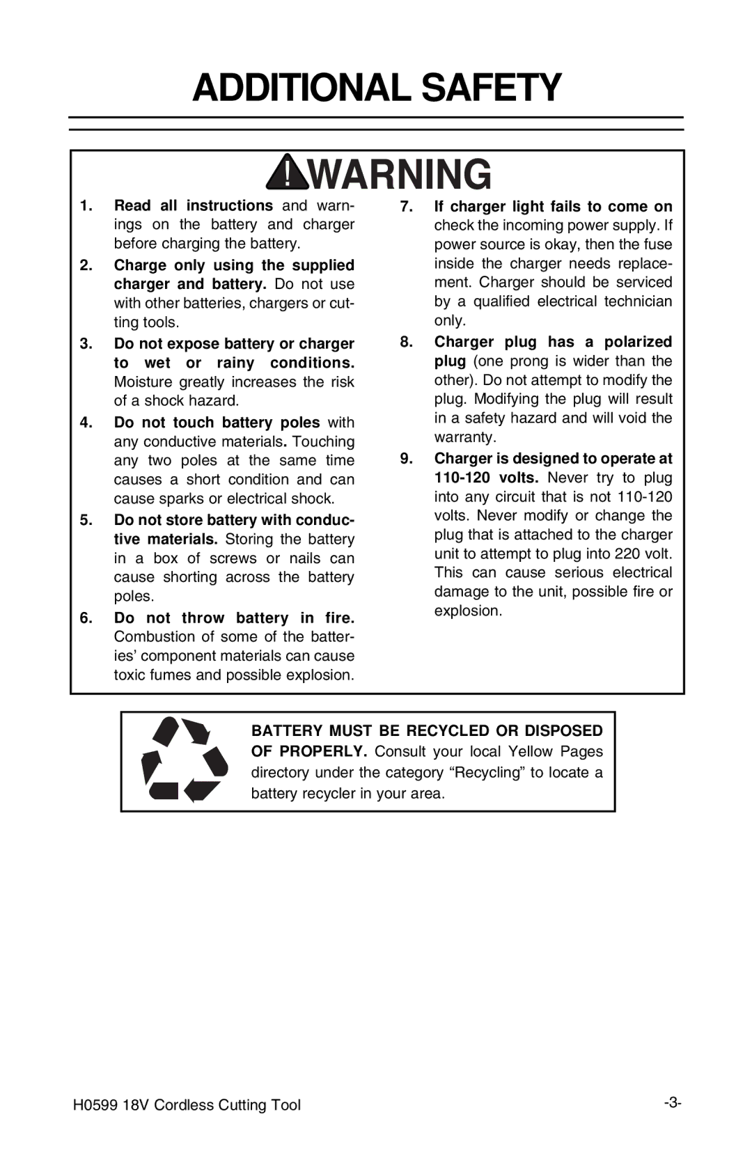 Grizzly H0599 instruction manual Additional Safety, Battery Must be Recycled or Disposed 