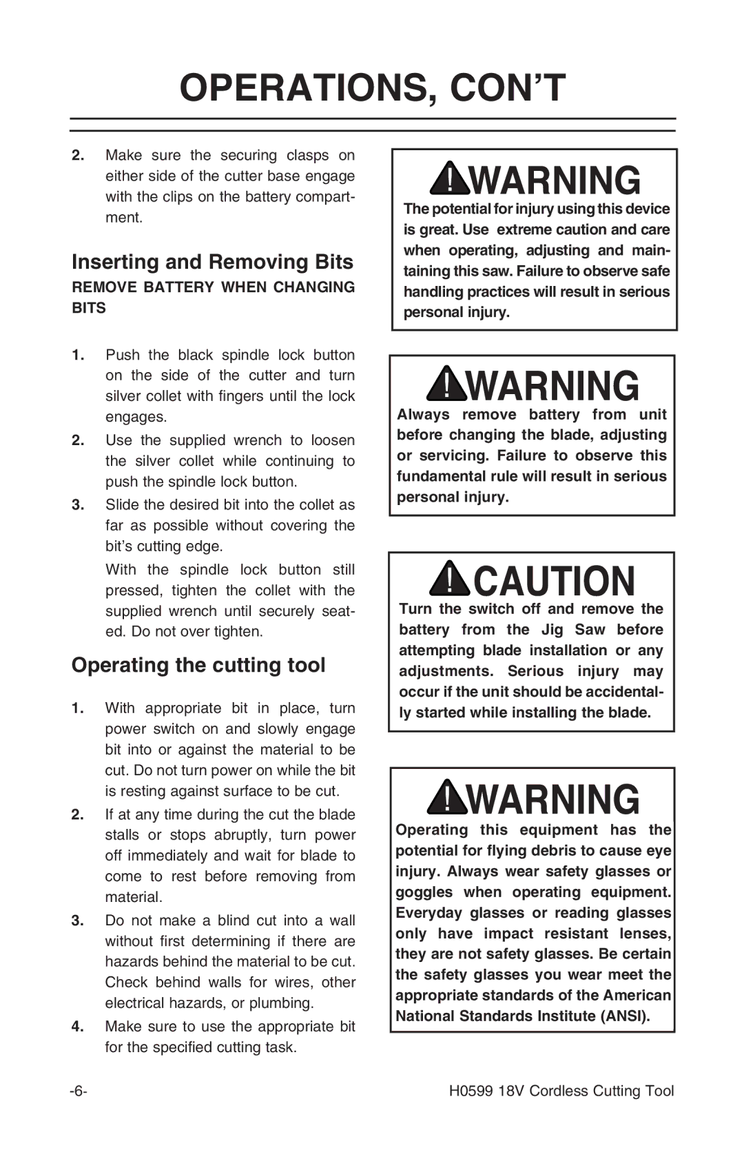 Grizzly H0599 instruction manual Operations, Con’T, Inserting and Removing Bits, Operating the cutting tool 