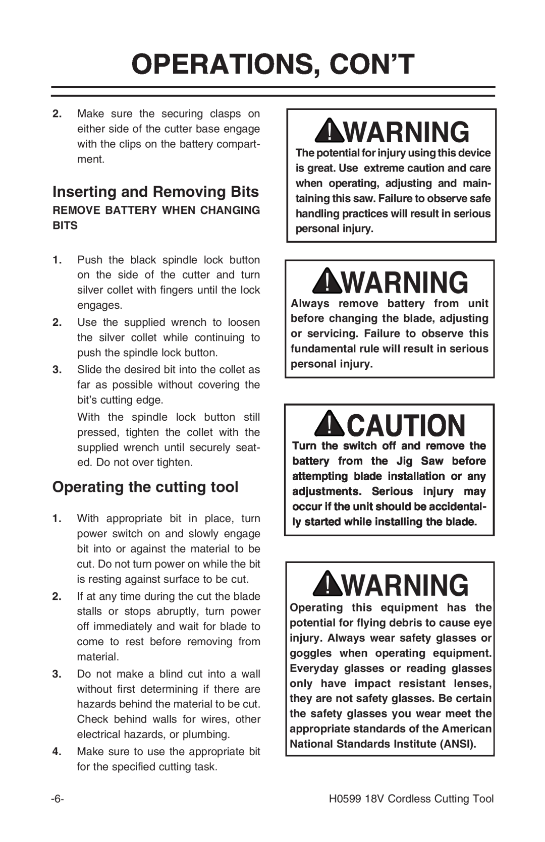 Grizzly H0599 instruction manual Operations, Con’T, Inserting and Removing Bits, Operating the cutting tool 