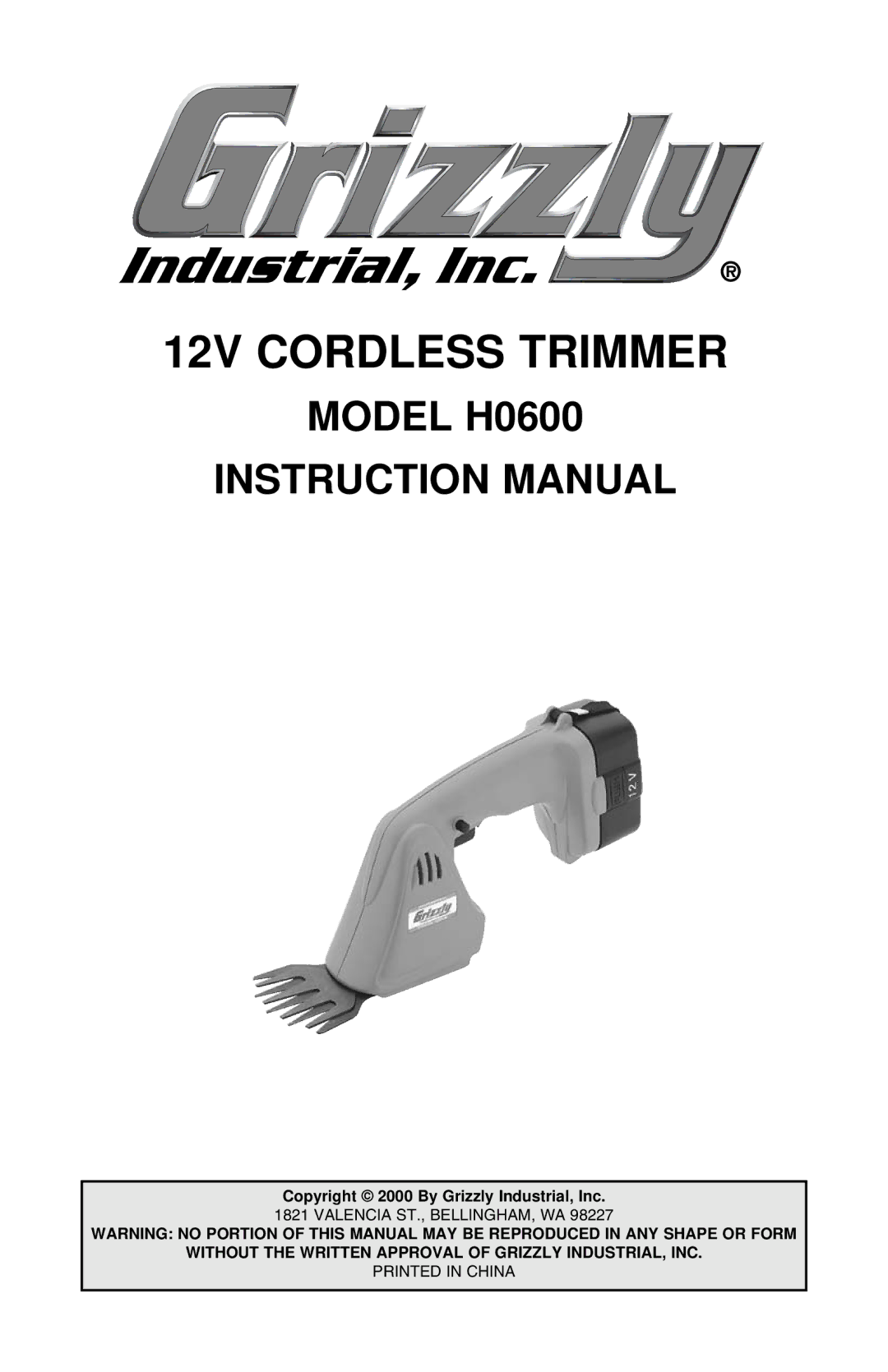 Grizzly instruction manual 12V Cordless Trimmer, Model H0600 