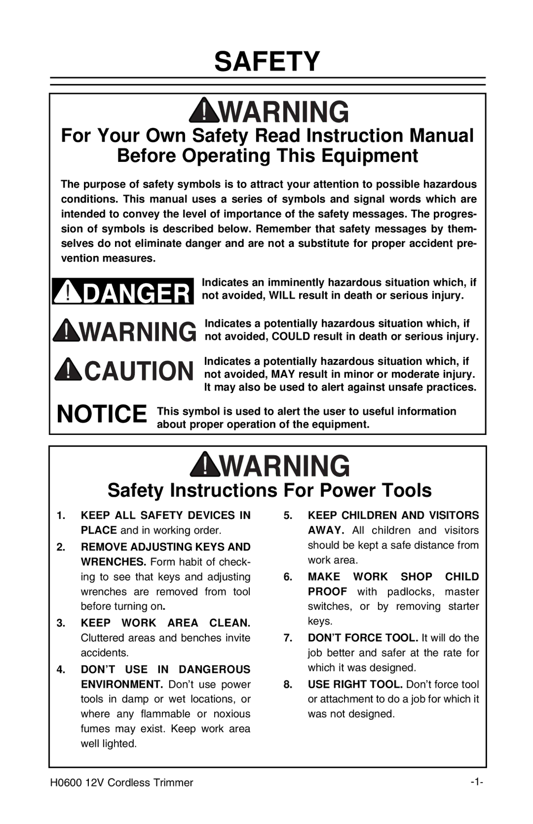 Grizzly H0600 instruction manual Safety, Before Operating This Equipment 