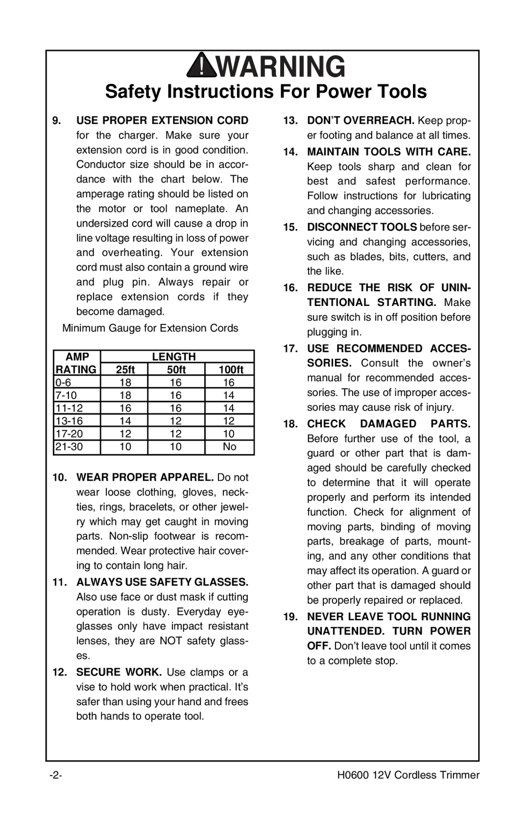 Grizzly H0600 instruction manual AMP Length Rating 