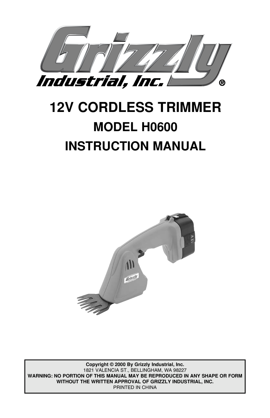 Grizzly H0600 instruction manual 12V CORDLESS TRIMMER 