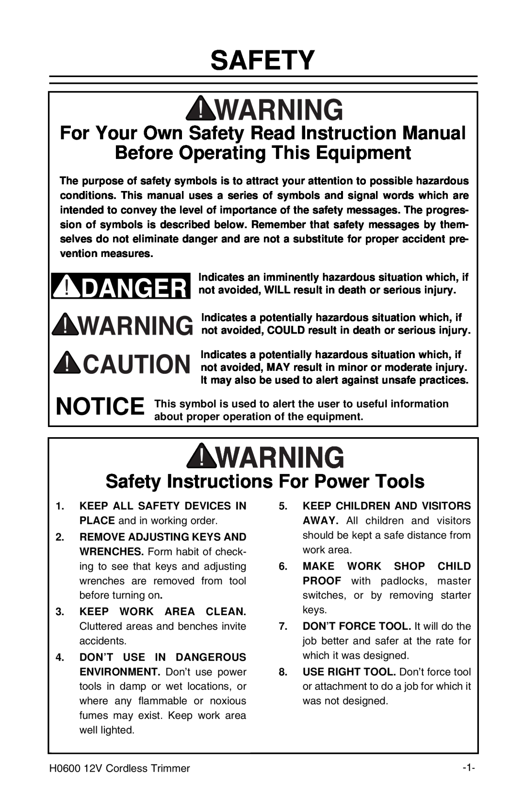Grizzly H0600 instruction manual Before Operating This Equipment, Safety Instructions For Power Tools 