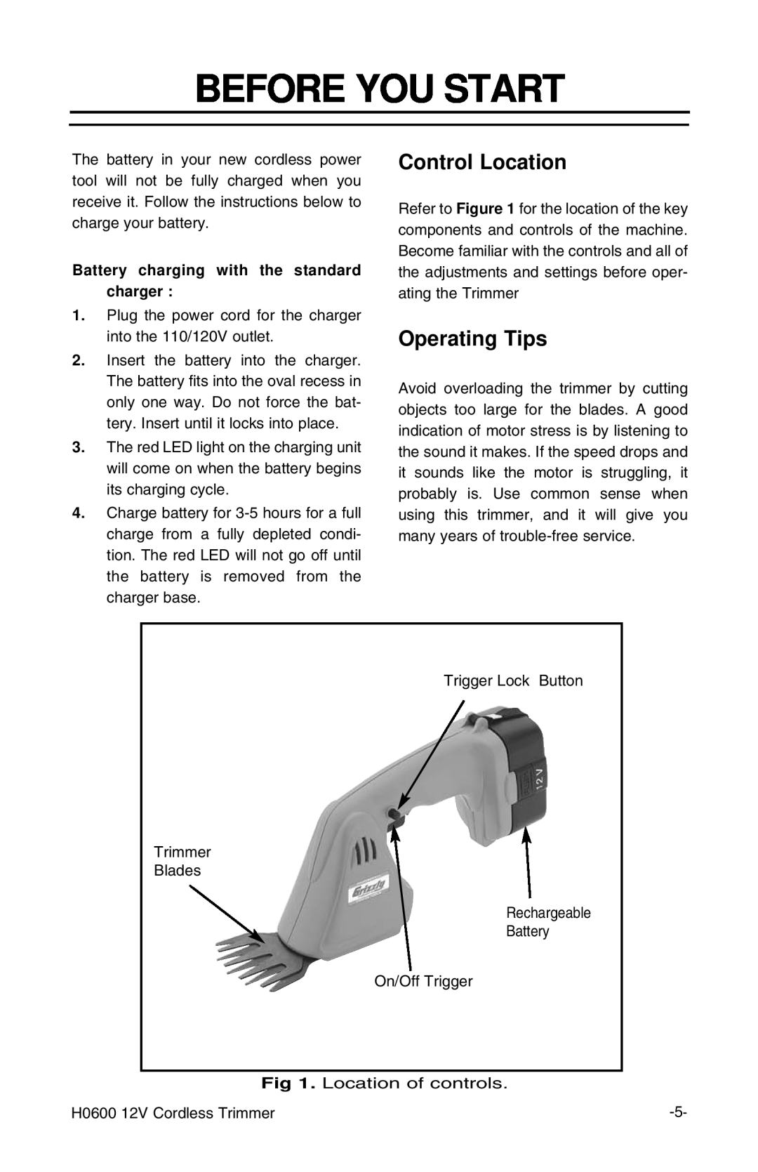 Grizzly H0600 instruction manual Before You Start, Control Location, Operating Tips 