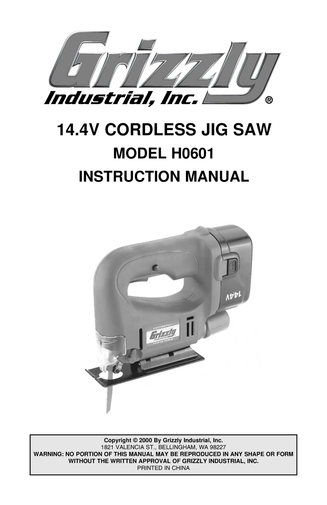 Grizzly instruction manual 14.4V Cordless JIG SAW, Model H0601 