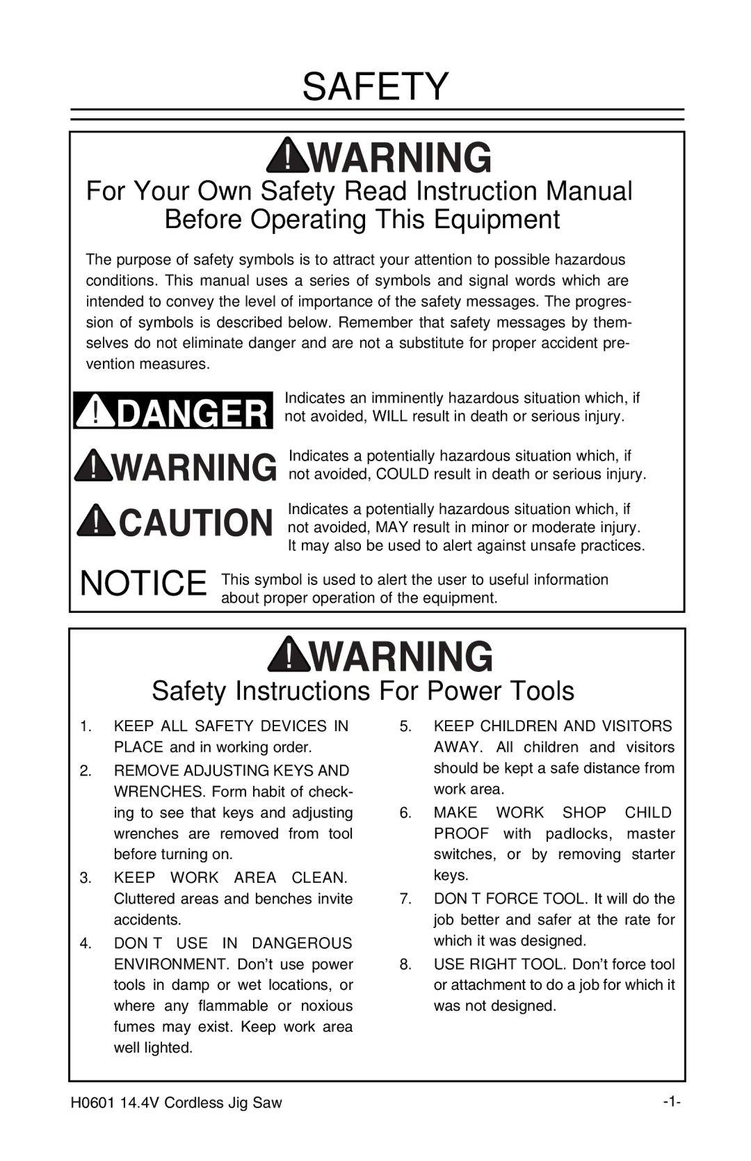 Grizzly H0601 instruction manual Safety, Before Operating This Equipment 