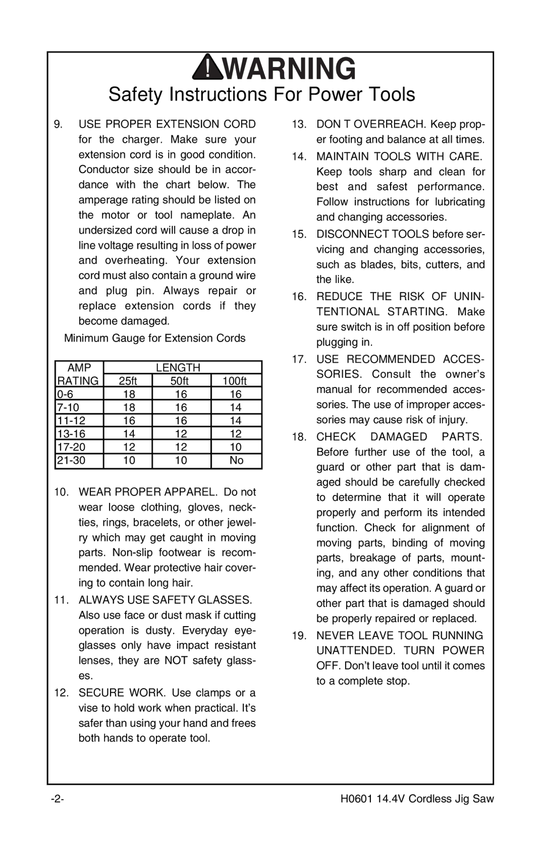 Grizzly H0601 instruction manual AMP Length Rating 