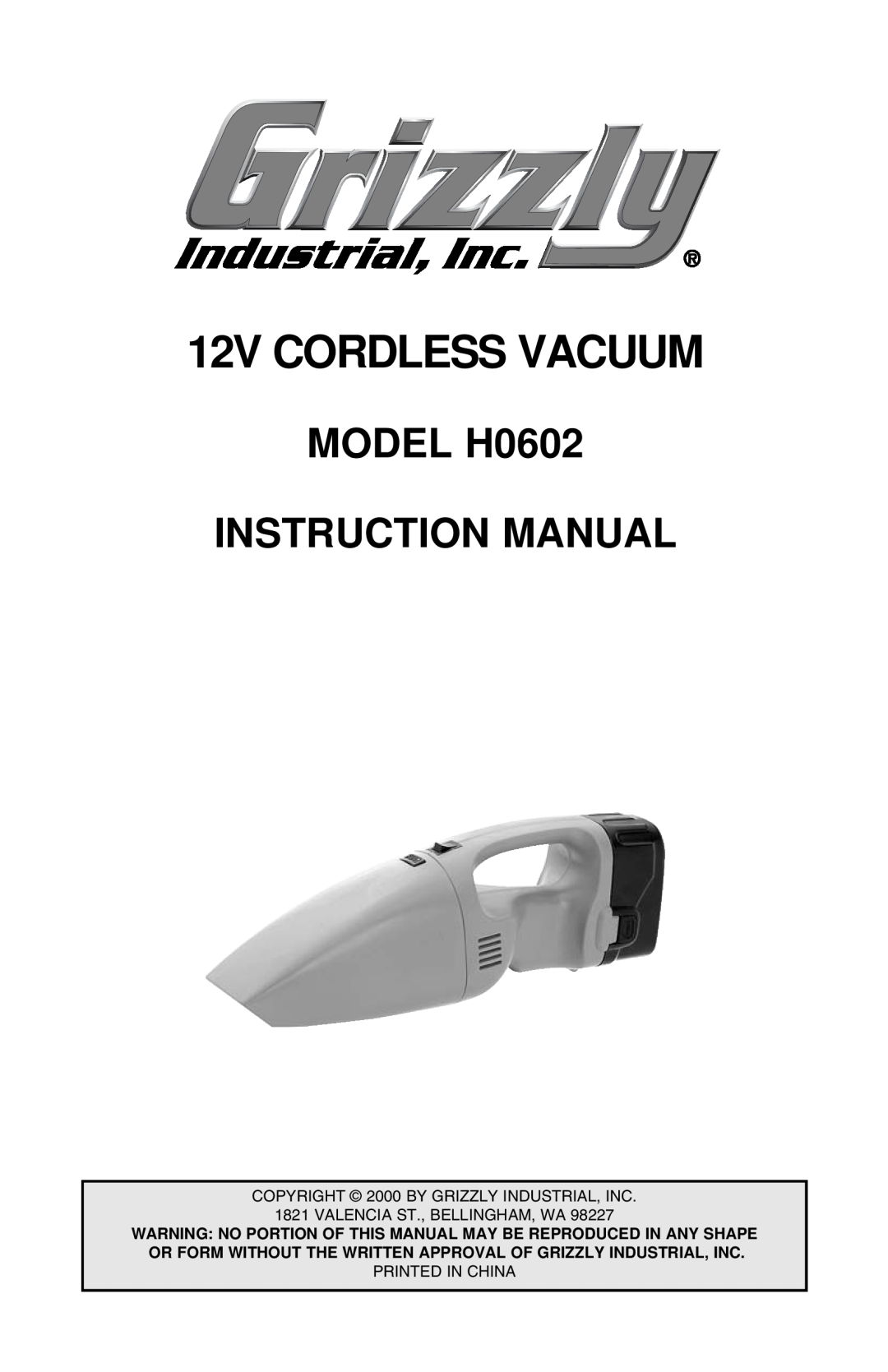 Grizzly H0602 instruction manual 12V CORDLESS VACUUM 