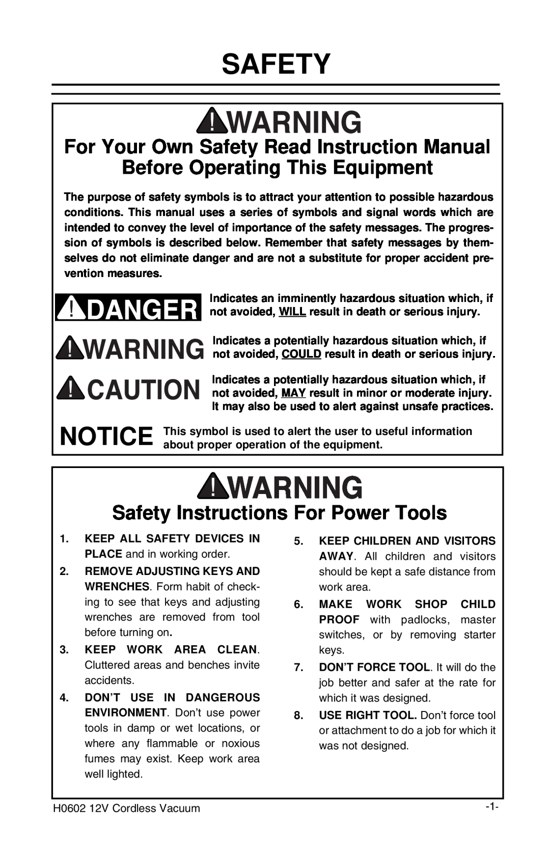 Grizzly H0602 instruction manual Before Operating This Equipment, Safety Instructions For Power Tools 