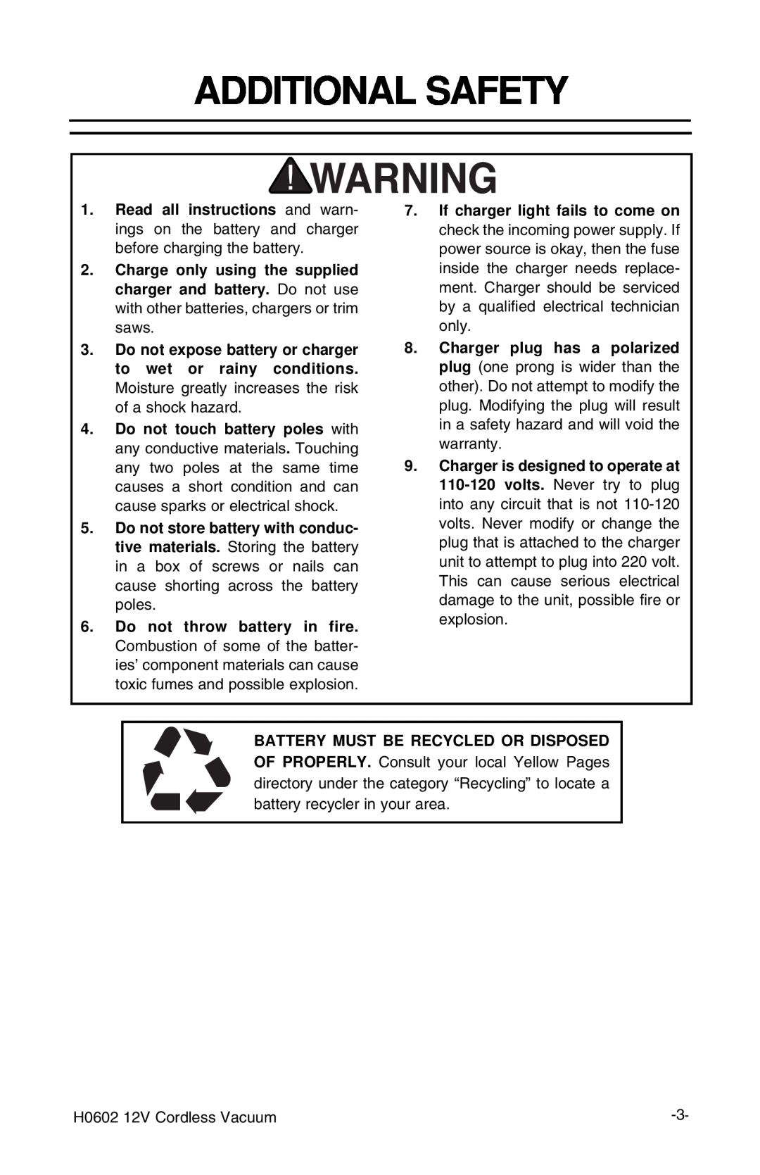 Grizzly H0602 instruction manual Additional Safety 