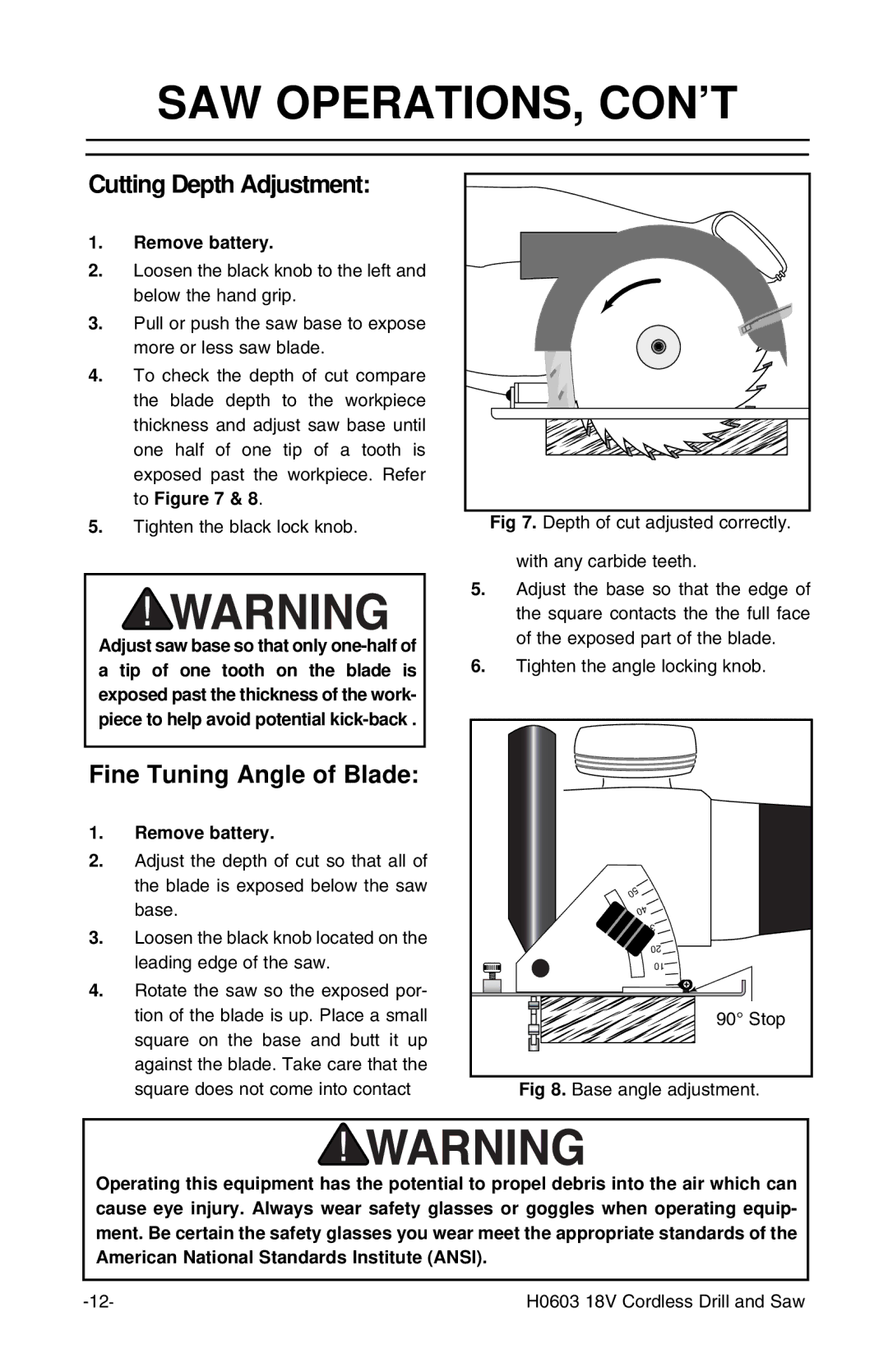 Grizzly H0603 instruction manual Cutting Depth Adjustment, Fine Tuning Angle of Blade, Remove battery 