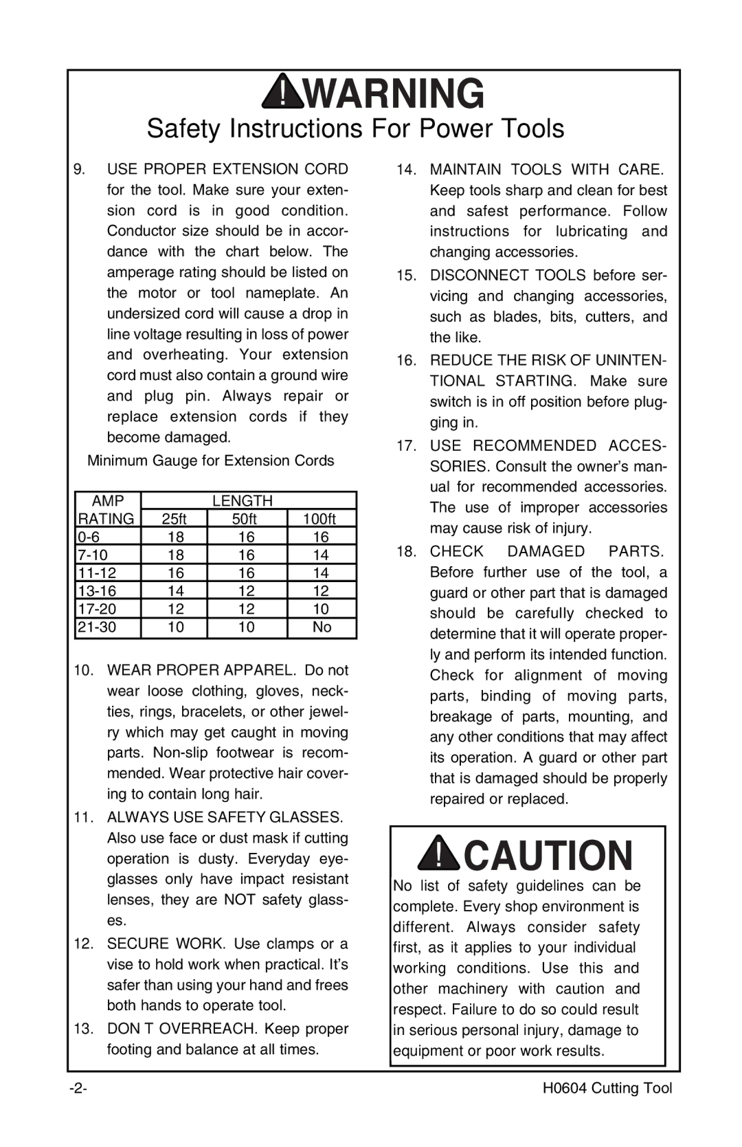 Grizzly H0604 instruction manual AMP Length Rating 