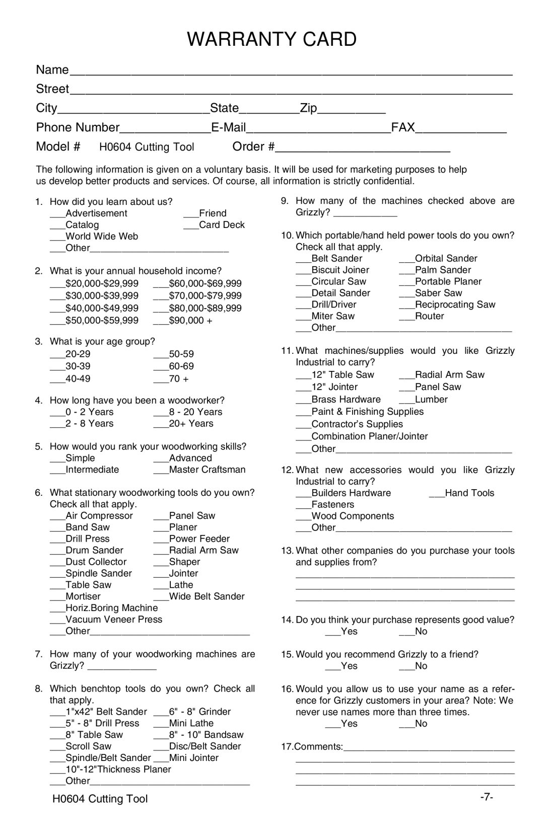 Grizzly H0604 instruction manual Warranty Card 