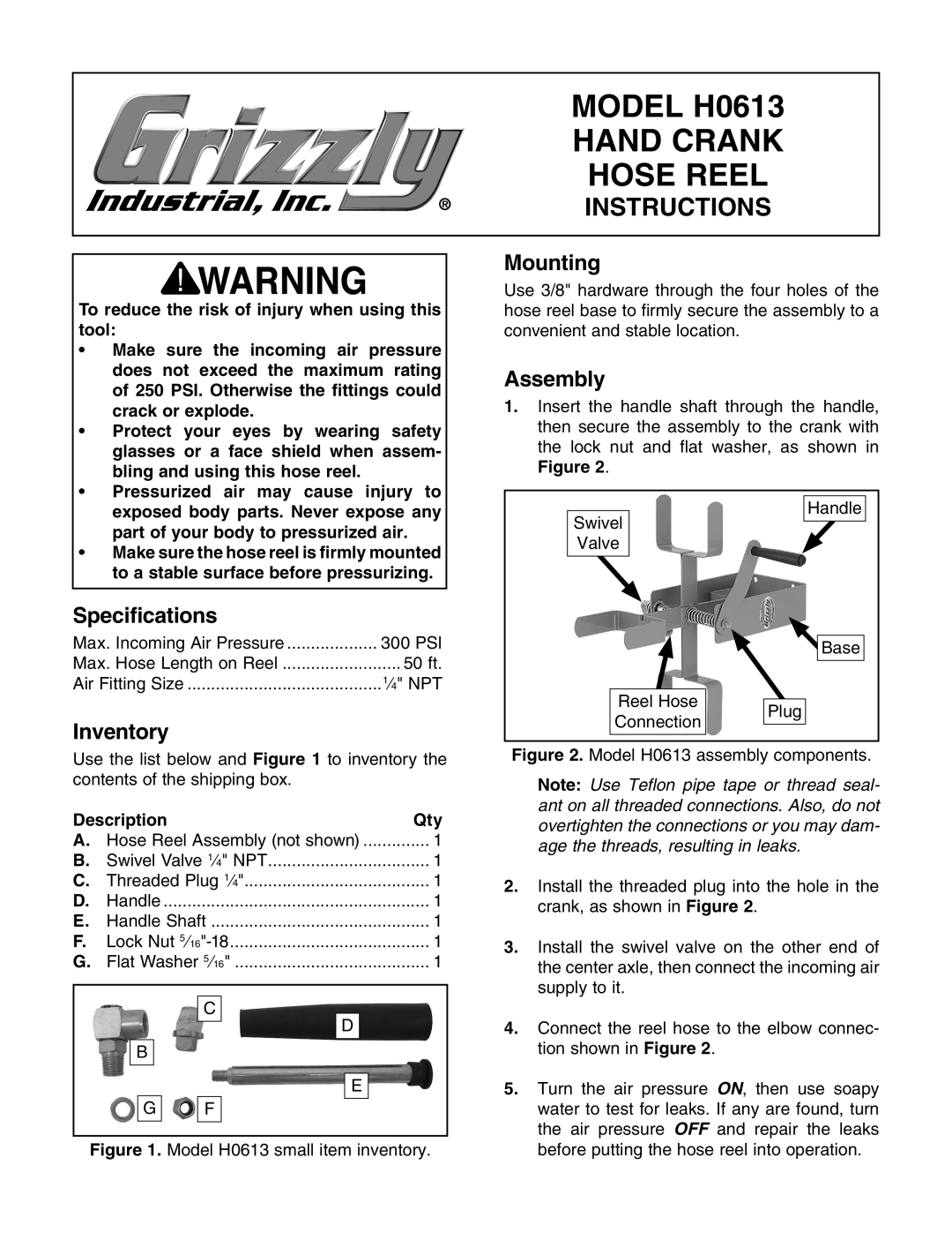 Grizzly specifications Model H0613, Hand Crank, Hose Reel, Instructions 