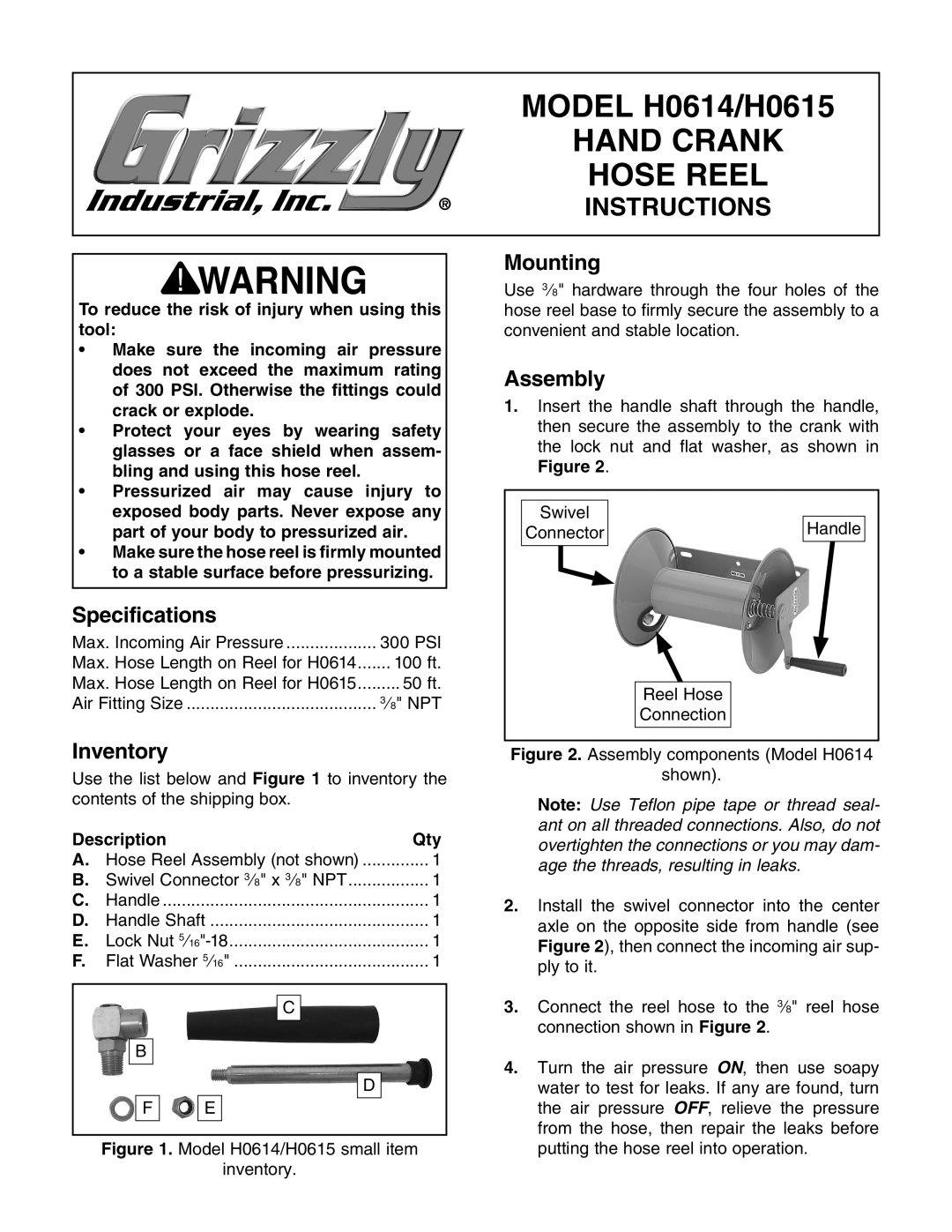Grizzly H0614 specifications Note Use Teflon pipe tape or thread seal, ant on all threaded connections. Also, do not 