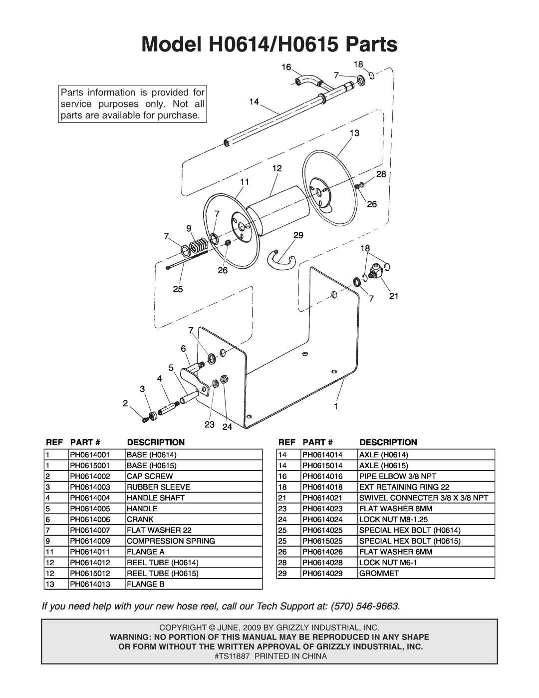 Grizzly specifications Model H0614/H0615 Parts, 1618, 1228, Part #, Description 