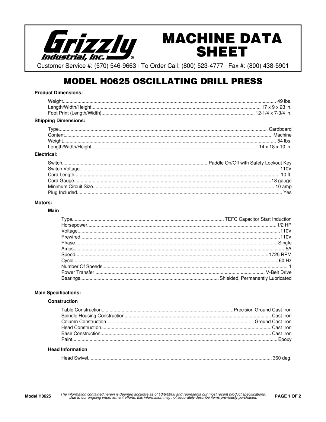 Grizzly H0625 specifications Product Dimensions, Shipping Dimensions, Electrical, Motors Main, Head Information 