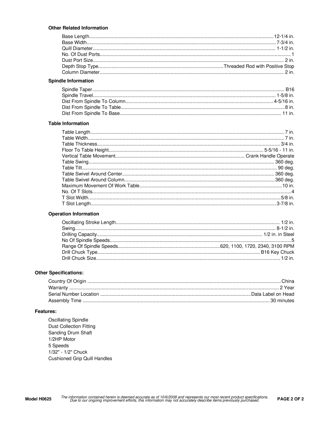 Grizzly H0625 Other Related Information, Spindle Information, Table Information, Operation Information, Features 