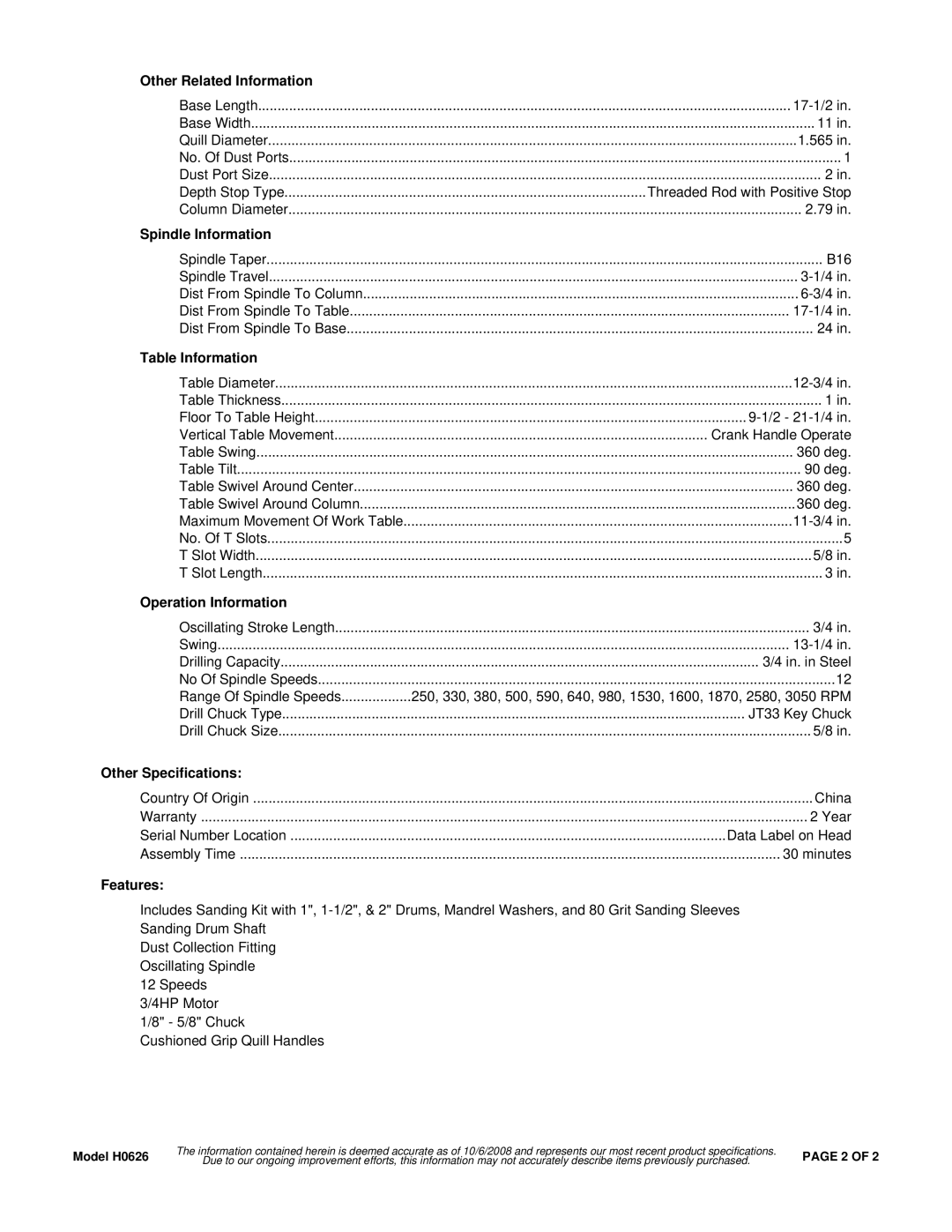 Grizzly H0626 Other Related Information, Spindle Information, Table Information, Operation Information, Features 