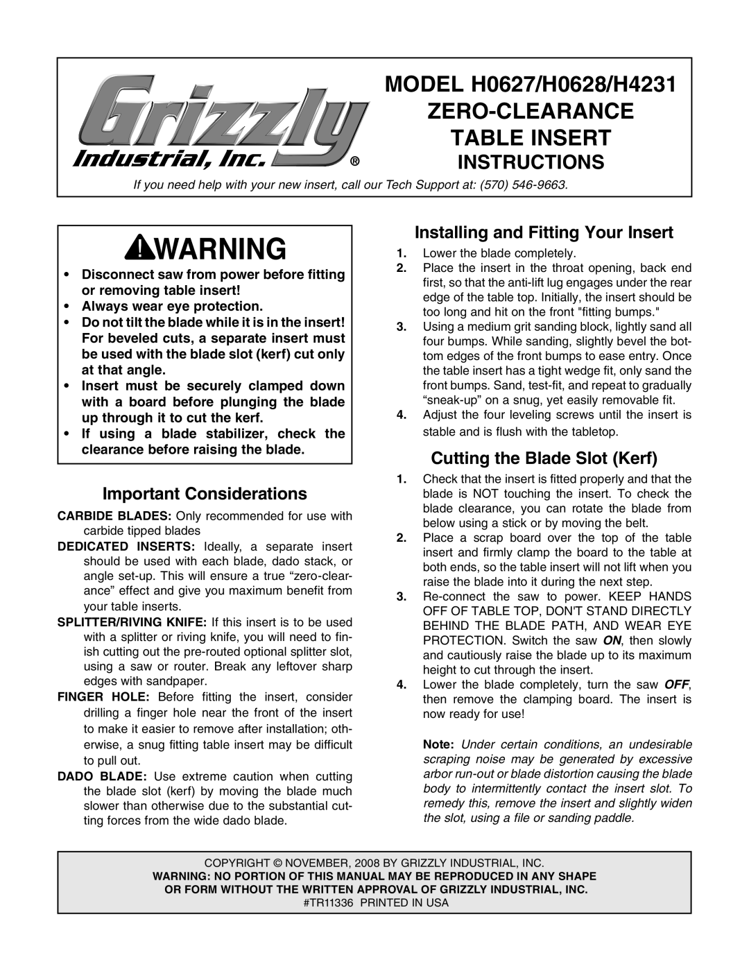 Grizzly H0627 manual ZERO-CLEARANCE Table Insert, Instructions, Important Considerations, Cutting the Blade Slot Kerf 