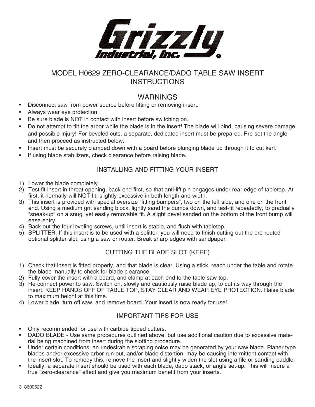 Grizzly H0629 manual Installing and Fitting Your Insert, Cutting the Blade Slot Kerf, Important Tips for USE 