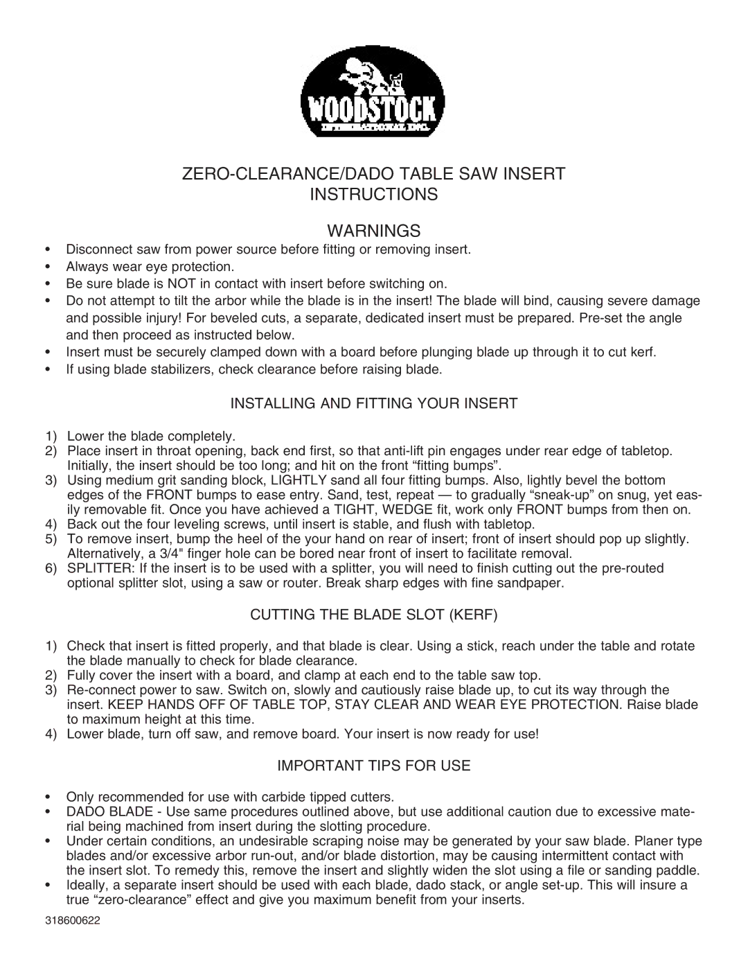 Grizzly H0629 manual ZERO-CLEARANCE/DADO Table SAW Insert Instructions 